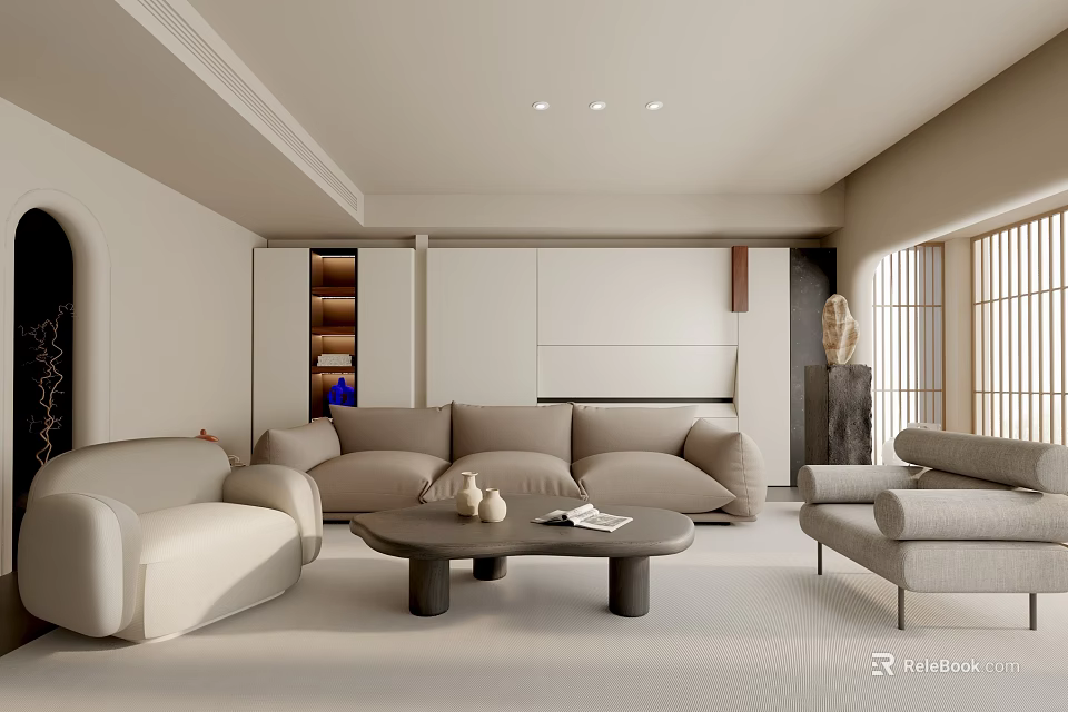 Modern Minimalist Living Room Interior With Neutral Tones Sofa Coffee Table Armchair And Decor 3d model 