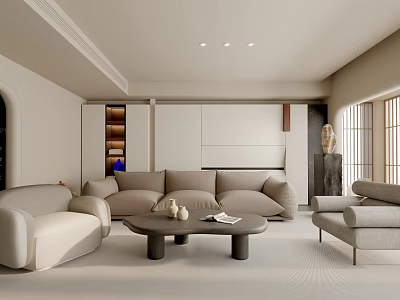 Modern Minimalist Living Room Interior With Neutral Tones Sofa Coffee Table Armchair And Decor 3d model