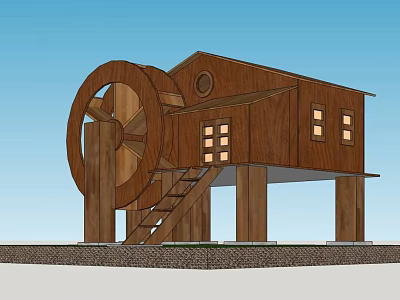 Wooden Watermill Building Structure Featuring Large Wheel Windows Stairs And Columns 3d model