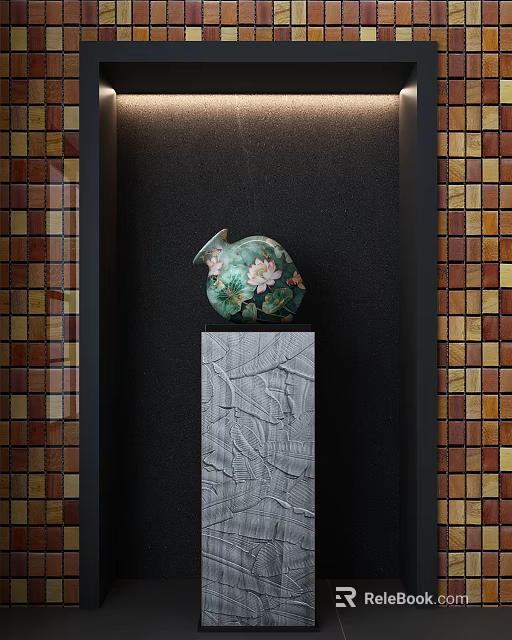 Decorative Ornament Set With Green Lotus Flower Vase On Textured Pedestal And Mosaic Tile Walls 3d model 