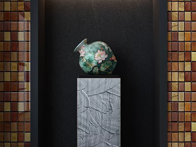 Decorative Ornament Set With Green Lotus Flower Vase On Textured Pedestal And Mosaic Tile Walls 3d model