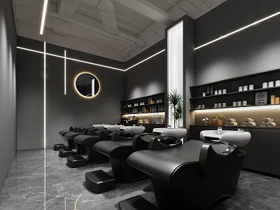 Modern Hair Salon Interior With Black Styling Chairs Round Mirror Product Shelves And Lighting 3d model