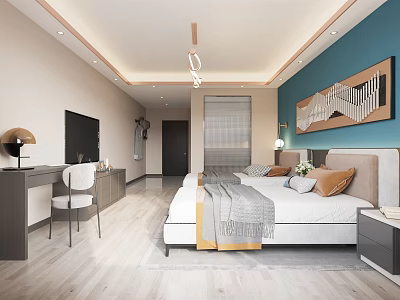 Modern Hotel Room Interior With Teal Accent Wall Large Bed TV Desk And Decorative Painting 3d model