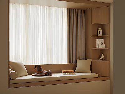 Cozy Bay Window Interior With Cushioned Seat Bookshelves And Soft Curtains 3d model
