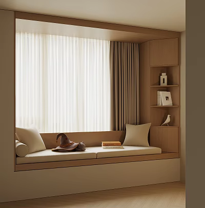 Cozy Bay Window Interior With Cushioned Seat Bookshelves And Soft Curtains 3d model