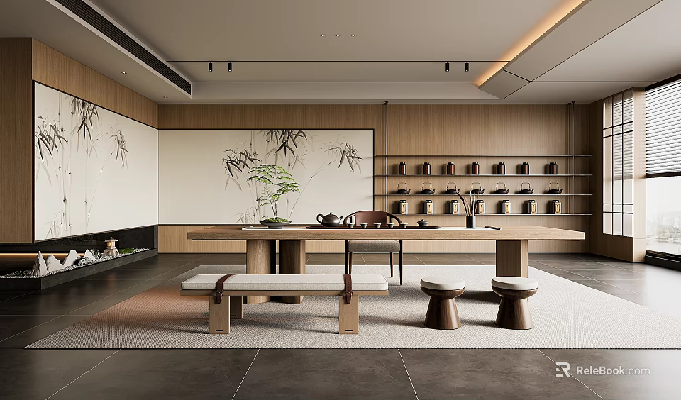Serene Tea Room Interior With Wooden Long Table Bench Stools And Bamboo Decorative Painting 3d model 