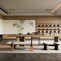 Serene Tea Room Interior With Wooden Long Table Bench Stools And Bamboo Decorative Painting