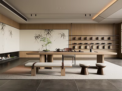 Serene Tea Room Interior With Wooden Long Table Bench Stools And Bamboo Decorative Painting 3d model