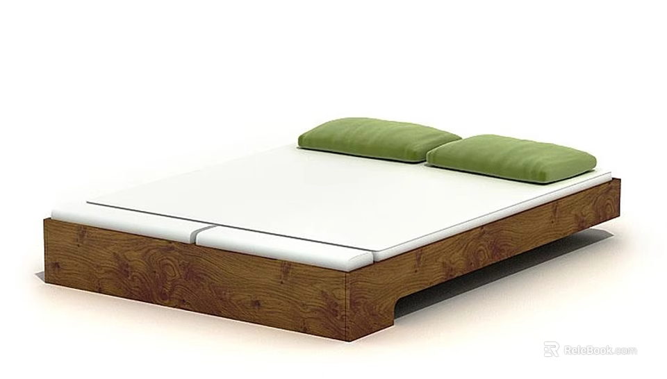 Modern Double Bed With Wooden Frame White Mattress And Green Pillows 3d model 