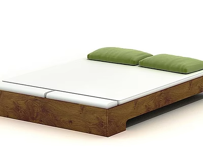 Modern Double Bed With Wooden Frame White Mattress And Green Pillows 3d model
