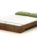Modern Double Bed With Wooden Frame White Mattress And Green Pillows