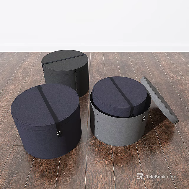 Round Storage Stools in Black Navy Blue and Gray with Open Lid on Wooden Floor 3d model 