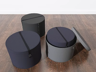 Round Storage Stools in Black Navy Blue and Gray with Open Lid on Wooden Floor 3d model