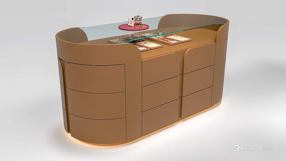 Brown Leather Island Cabinet With Glass Top Decorative Items And Drawers 3d model 