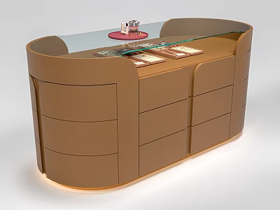 Brown Leather Island Cabinet With Glass Top Decorative Items And Drawers 3d model