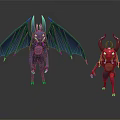 Blue And Red Fantasy Creature Characters With Horns And Wings