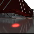 Striking Modern Orange Geometric Museum Building Exterior With White Lines And Water Reflection
