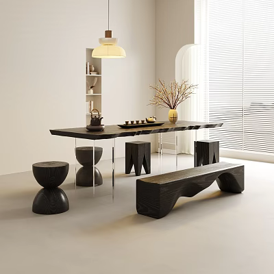 Modern Black Tea Table and Chairs with Tea Set Dried Flowers in Bright Room 3d model