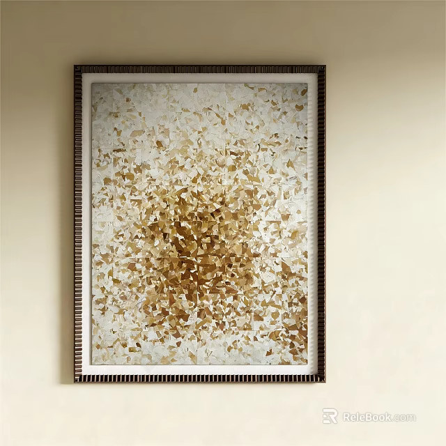 Abstract Golden White Oil Painting With Dark Frame For Wall Decor 3d model 