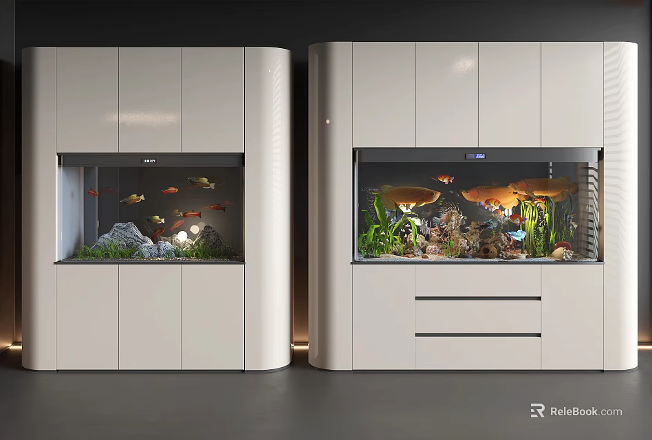 Built in Aquarium Fish Tank in White Cabinetry with Aquatic Plants Decorations and Fish Lighting 3d model 