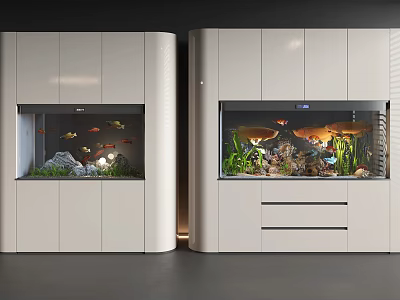 Built in Aquarium Fish Tank in White Cabinetry with Aquatic Plants Decorations and Fish Lighting 3d model