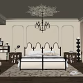 Elegant Bedroom Interior with Ornate Ceiling Chandelier Tufted Bed Wooden Floor and Area Rug