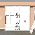 White Kids Room Wardrobe With Arched Glass Doors Yellow Interior Lighting and Stuffed Toys Decoration