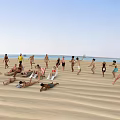 Many People Enjoying Beach Activities Like Lying Sitting And Exercising Under Blue Sky