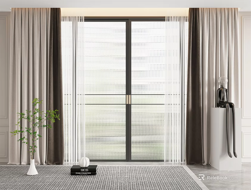 Modern Double Layer Curtains Beige And White Sheer For Living Room Window 3d model 