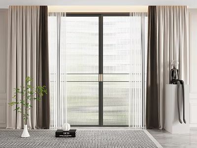 Modern Double Layer Curtains Beige And White Sheer For Living Room Window 3d model