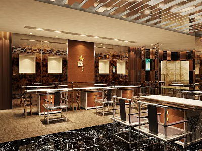 Modern Teahouse Interior Design With Wooden Tables Metal Chairs And Ceiling Lights 3d model