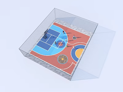 3D Basketball Court Model With Blue Red Areas Hoops And Net Frame 3d model