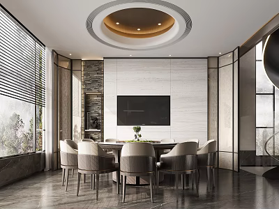 Modern Restaurant Interior With Round Dining Table Stone Wall Large Windows And Circular Ceiling Light 3d model