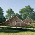 Wooden Fence In Front Of Triangular Roof Building With Green Trees Lawn And Person Standing