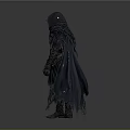 Medieval Style Man In Gray Hooded Tattered Cloak Holding Long Sword Standing