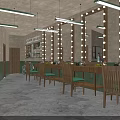 Vintage Style Interior Featuring Vanity Mirrors Wooden Tables Green Seats And Decorative Artworks