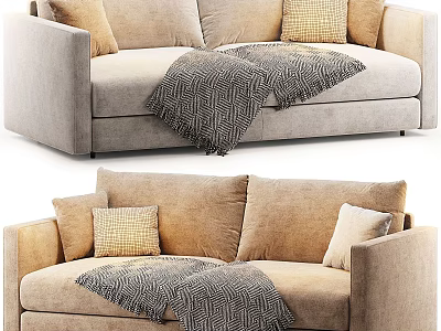 Cozy Beige Two Seater Sofa With Textured Pillows And Knit Blanket 3d model