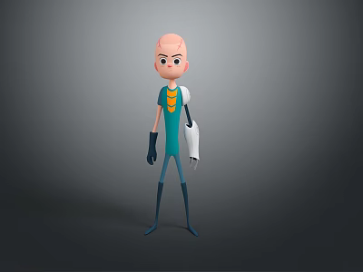Cartoon Style 3D Character Standing With Bald Head Teal Shirt Yellow Accents And Mechanical Arm 3d model
