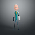 Cartoon Style 3D Character Standing With Bald Head Teal Shirt Yellow Accents And Mechanical Arm