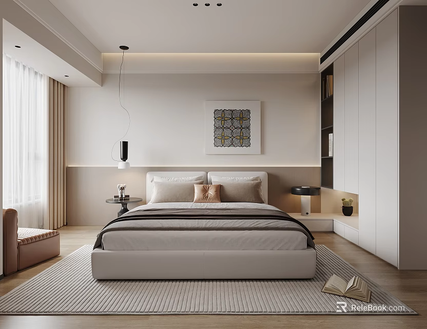 Modern Minimalist Bedroom Interior With Soft Lighting Bed Decorative Painting And Wardrobe 3d model 