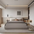 Modern Minimalist Bedroom Interior With Soft Lighting Bed Decorative Painting And Wardrobe