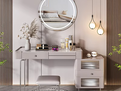 Modern Light Gray Dressing Table With Round Mirror Hanging Lights Cosmetics And Stool 3d model