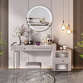 Modern Light Gray Dressing Table With Round Mirror Hanging Lights Cosmetics And Stool