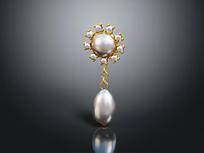 Exquisite Gold Jewelry With Round Pearl Floral Setting And Dangling Teardrop Pearl 3d model