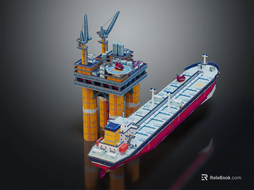 Industrial Offshore Oil Drilling Platform With Cranes And Adjacent Oil Tanker Sea Operation Equipment 3d model 