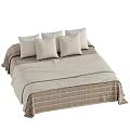 Cozy Double Bed With Neutral Toned Linen Bedding Striped Plaid Patterns And Pillows