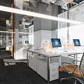 Modern Public Workspace With Open Layout Workstations Ergonomic Chairs And Hanging Lights 3d model