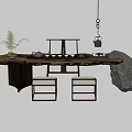 Natural Wooden Tea Table and Chairs with Tea Set Potted Plant and Zen Stone