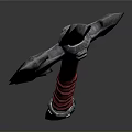 Medieval Axe Weapon with Wooden Handle Red Decorations Metal Head and Green Gemstone
