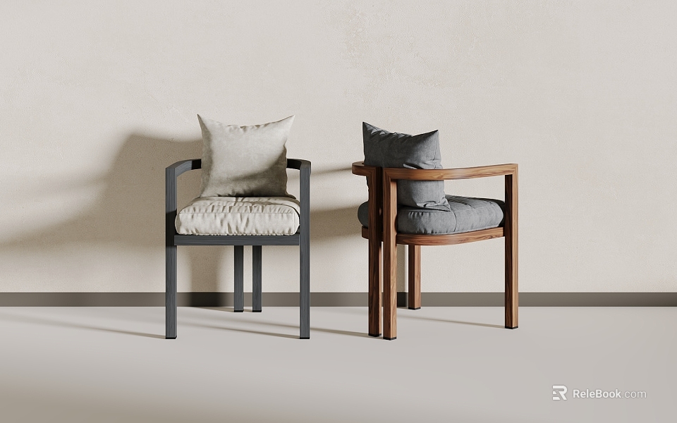 Accent Chairs With Black Metal Wooden Frames Light Dark Gray Cushions 3d model 